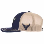 Side detail of khaki mesh trucker cap with raised bull-head embroidery
