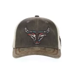 Front view of custom P406 waxed canvas trucker cap with printed applique