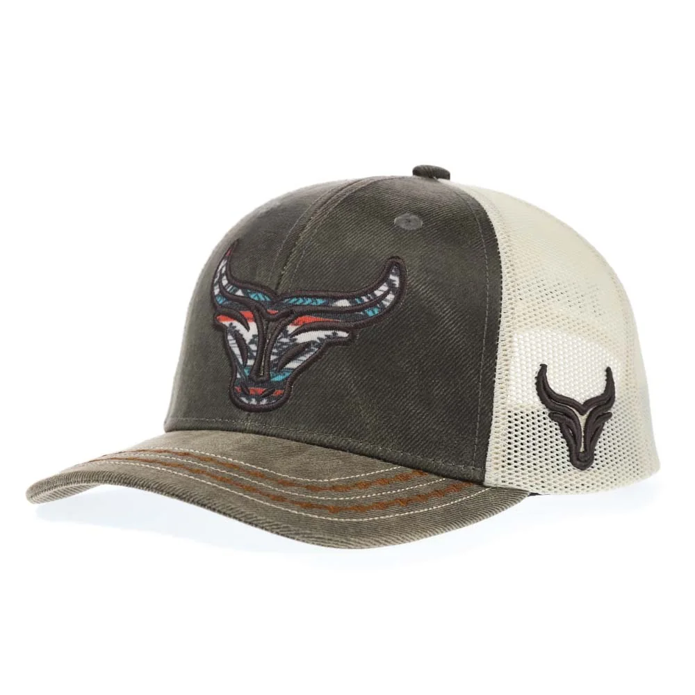 Front angle of custom P406 waxed canvas trucker cap with printed applique