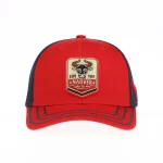 Red and navy 6-panel trucker cap with embroidered bull patch, front view