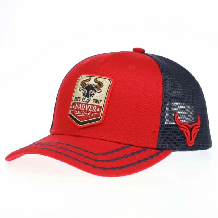 Custom western 6-panel trucker cap with bull embroidered patch, front angle