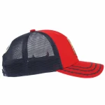Red cotton-twill and navy mesh trucker cap, opposite-side view
