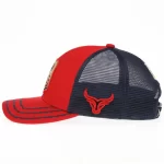 Navy mesh side with red 3D bull-head embroidery