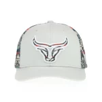 Light-grey P406 trucker cap with raised bull embroidery, front view