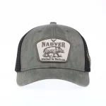 Front view of washed army-green 6-panel trucker cap with embroidered patch