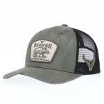 Front angle of western washed 6-panel trucker cap with embroidered patch