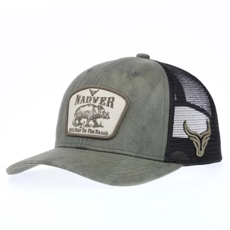 Front angle of western washed 6-panel trucker cap with embroidered patch