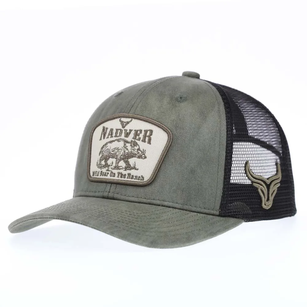 Front angle of western washed 6-panel trucker cap with embroidered patch