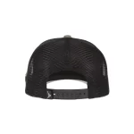 Rear view of black mesh washed trucker cap with adjustable snapback