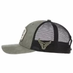 Side view of washed trucker cap with raised embroidery and black mesh