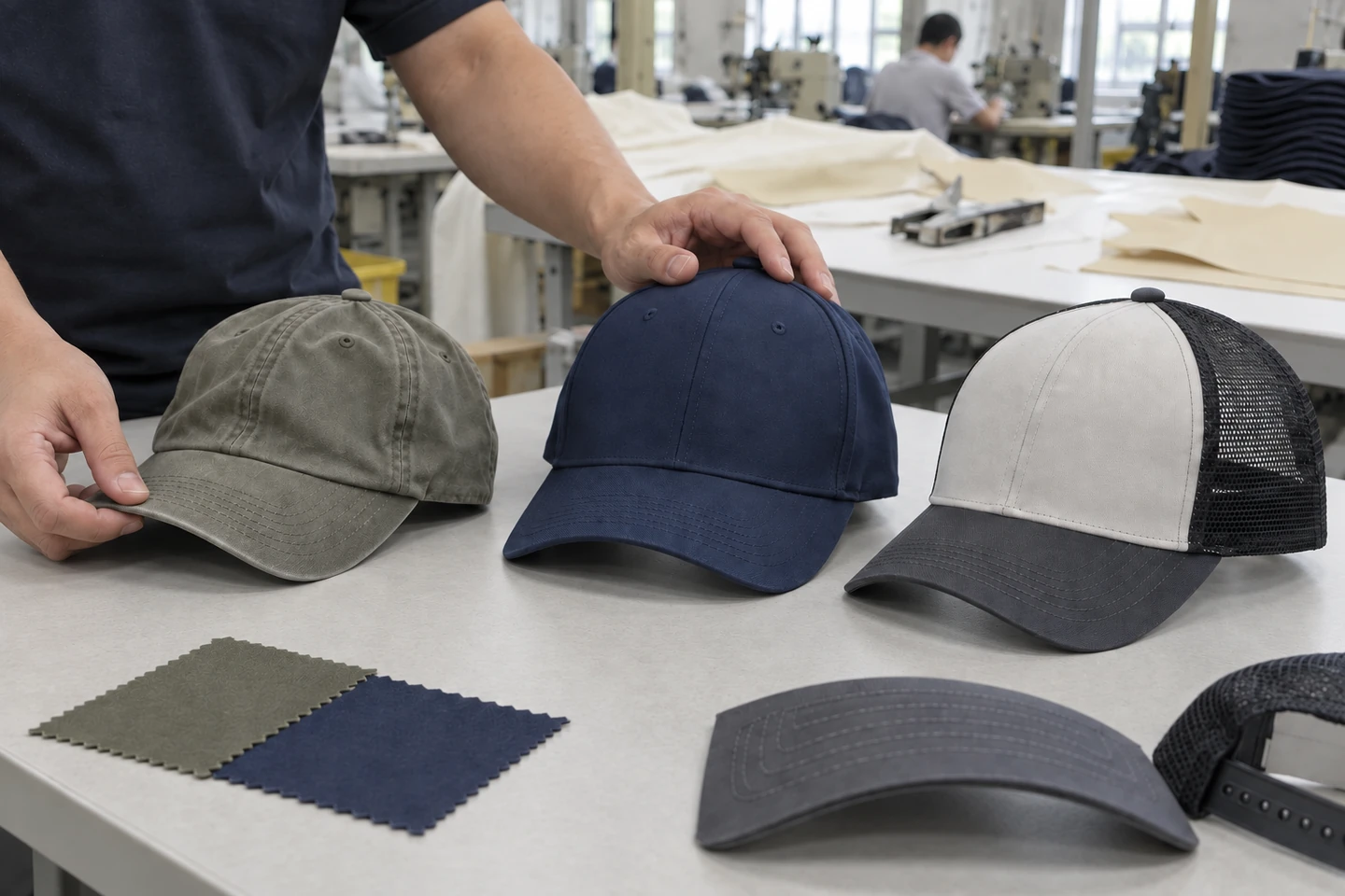 Three blank cap structures compared with fabric, visor and closure references for a custom cap specification.