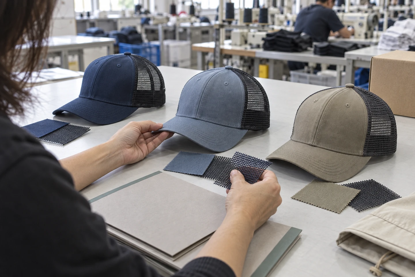 A sourcing specialist comparing three structured trucker cap samples, fabric and mesh options at a working cap factory table.