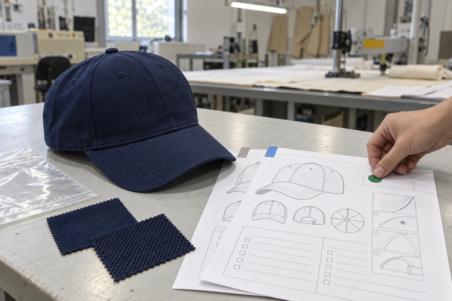 A blank cap sample reviewed beside earlier and current specification versions with material references.