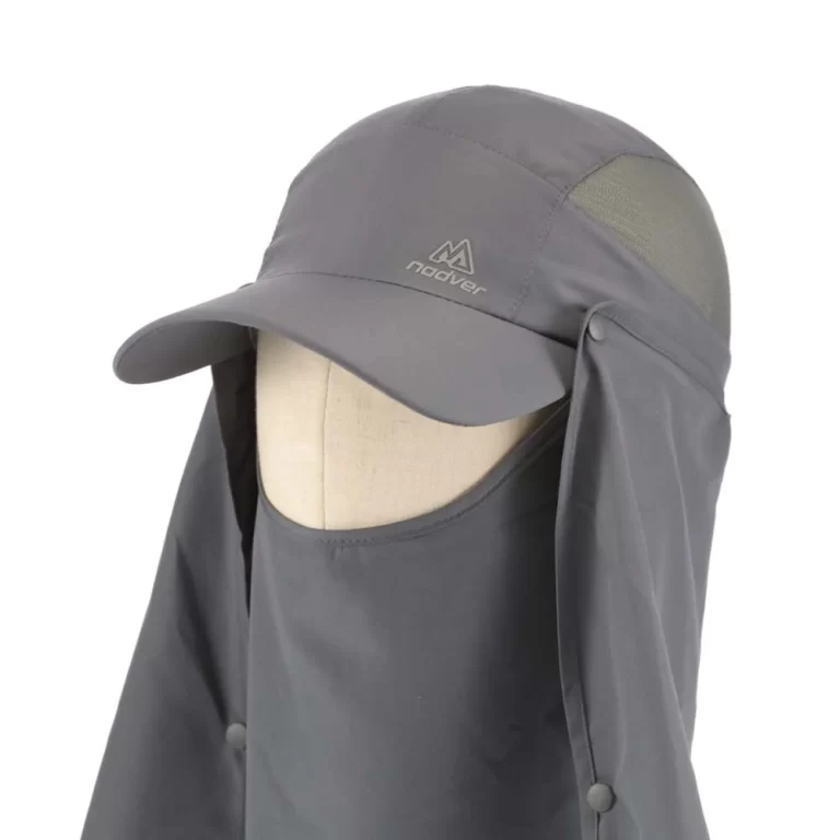 Deep-navy outdoor cap with detachable neck flap and face cover, front angle