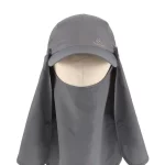 Outdoor cap with neck flap and face cover, alternate front view