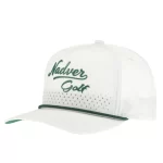 White P915 golf performance rope cap with green embossed logo and laser perforations, front angle