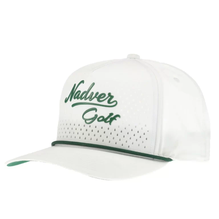 White P915 golf performance rope cap with green embossed logo and laser perforations, front angle