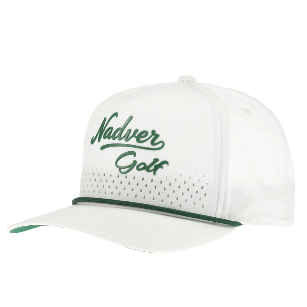 White P915 golf performance rope cap with green embossed logo and laser perforations, front angle