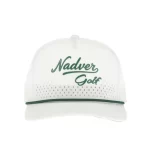 White five-panel golf cap with water-drop laser perforations and green rope, front view