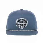 Heather navy five-panel flat visor rope cap with dimensional front patch, front view