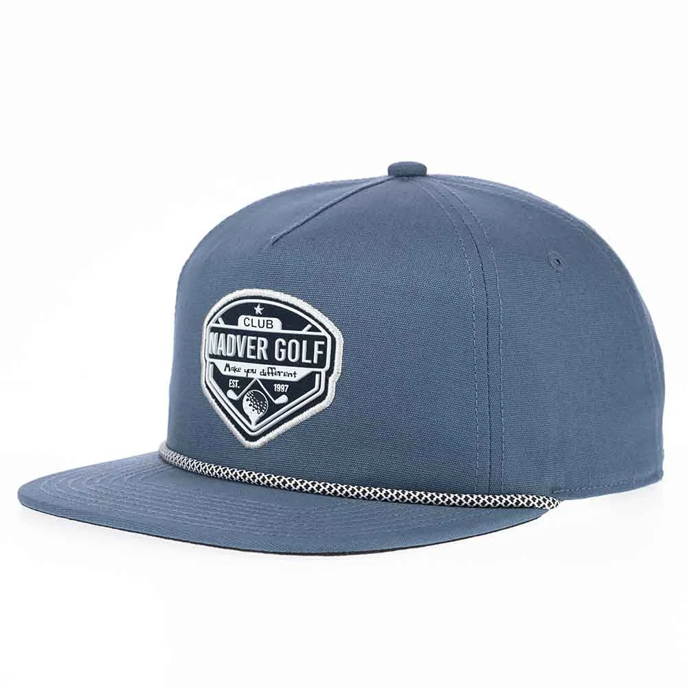 Heather navy five-panel flat visor rope cap with dimensional golf patch, front angle