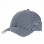 Navy-and-gray P106 performance cap with laser perforations and side silicone logo, front angle