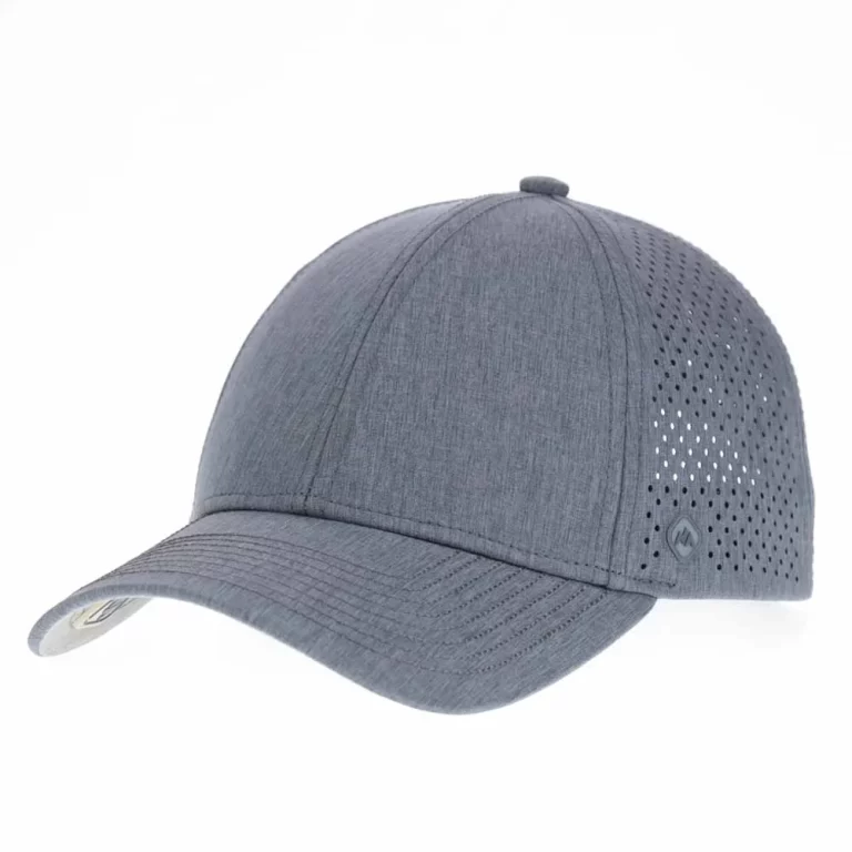 Navy-and-gray P106 performance cap with laser perforations and side silicone logo, front angle