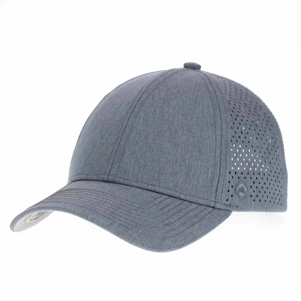 Navy-and-gray P106 performance cap with laser perforations and side silicone logo, front angle