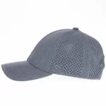Navy-and-gray performance cap with perforated side panel and silicone embossed logo, side view