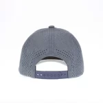 Navy-and-gray six-panel performance cap with adjustable snapback and perforated rear panels, rear view