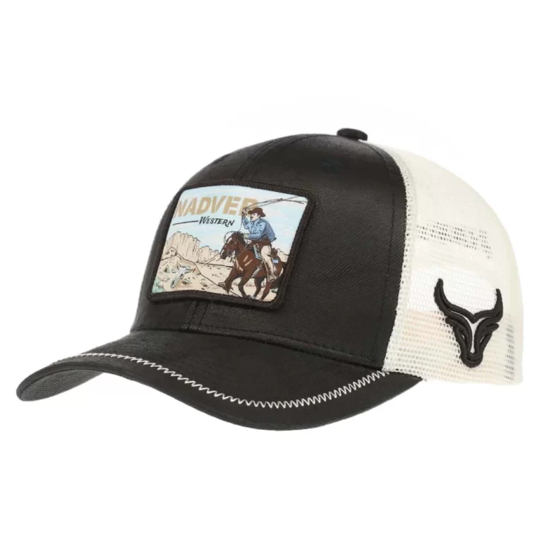 Custom western 6-panel trucker cap with embroidered patch, front angle