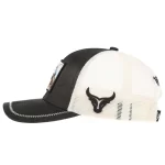 Side view of mesh-back trucker cap with bull 3D embroidery