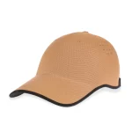 Tan one-piece molded performance cap with curved visor and perforated rear crown, front angle