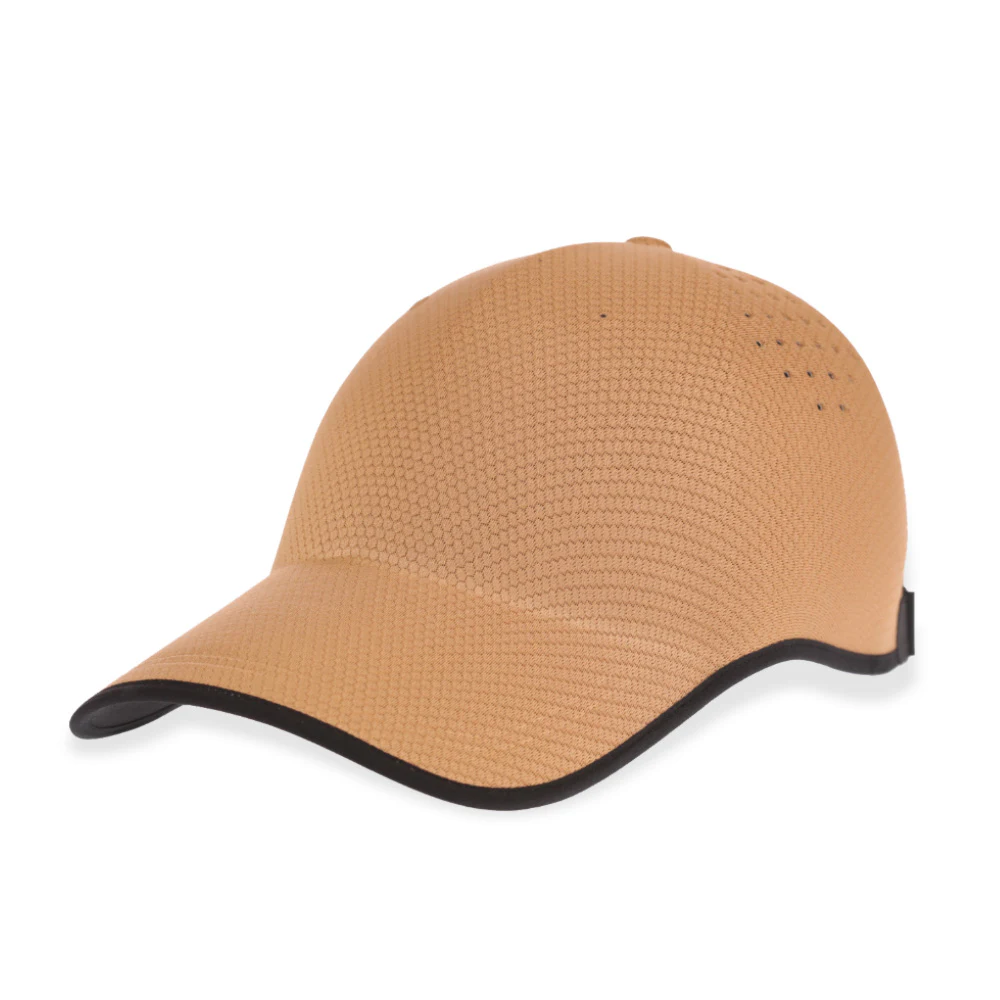 Tan one-piece molded performance cap with curved visor and perforated rear crown, front angle