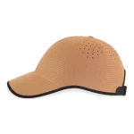 Tan one-piece molded performance cap with curved visor, side detail