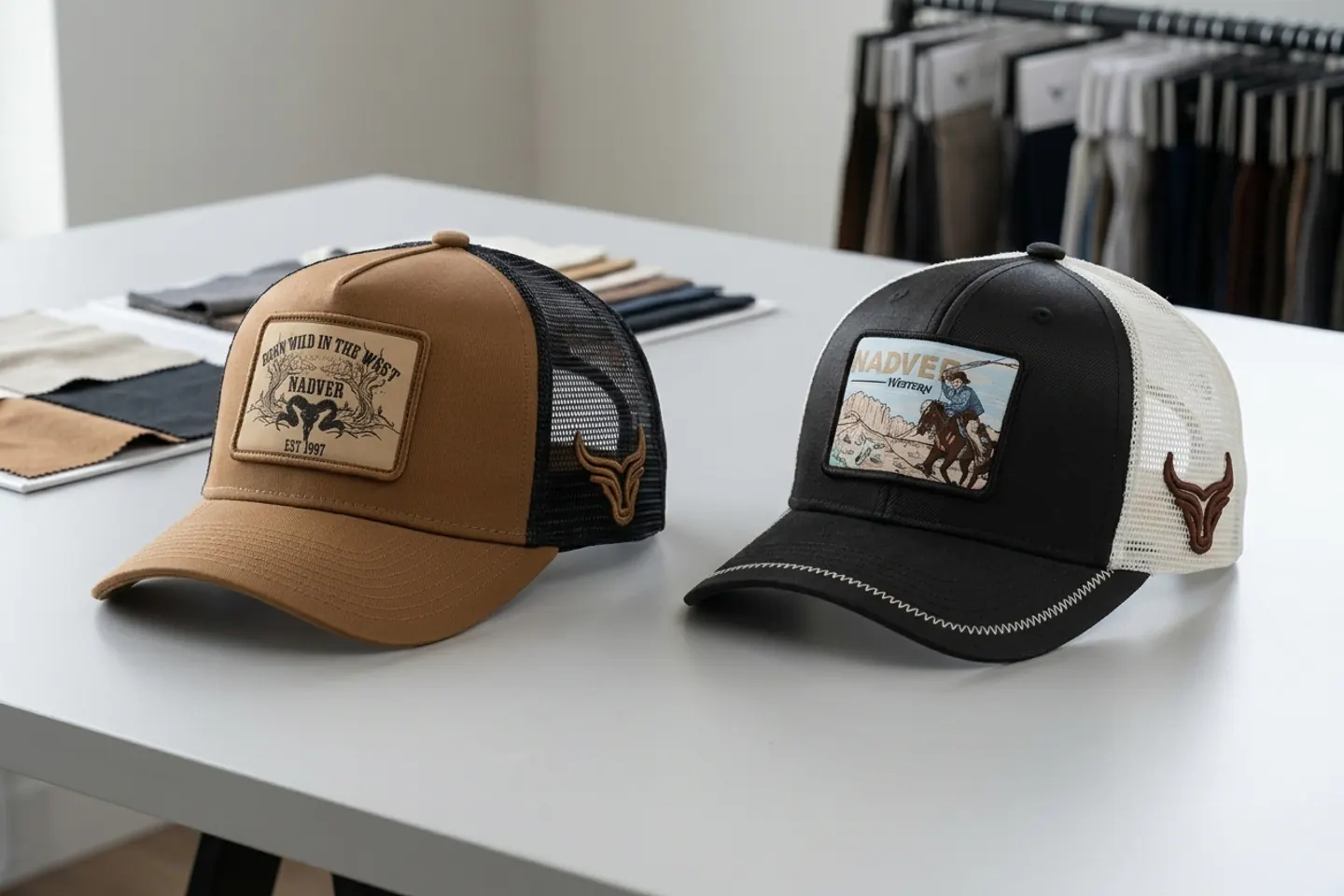 Five-panel and six-panel MasterCap development samples showing the front seam and patch placement.