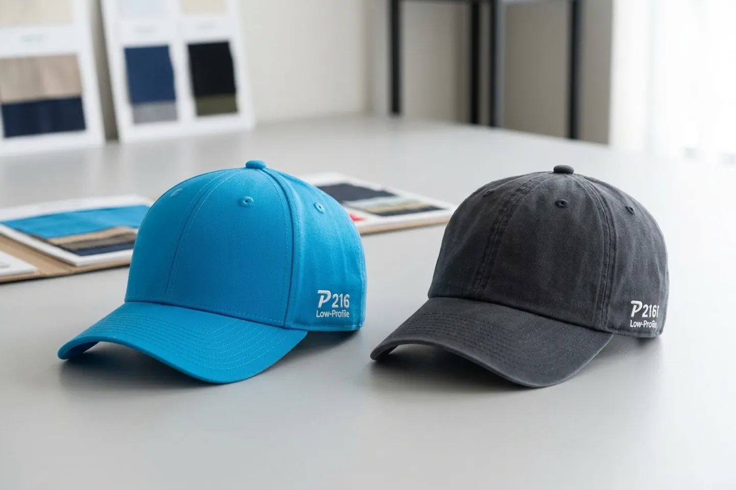 Structured blue P216 cap compared with unstructured charcoal P216I cap.