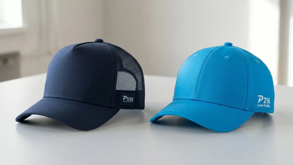 P535 five-panel trucker cap beside a P216 six-panel low-profile cap in an editorial comparison.
