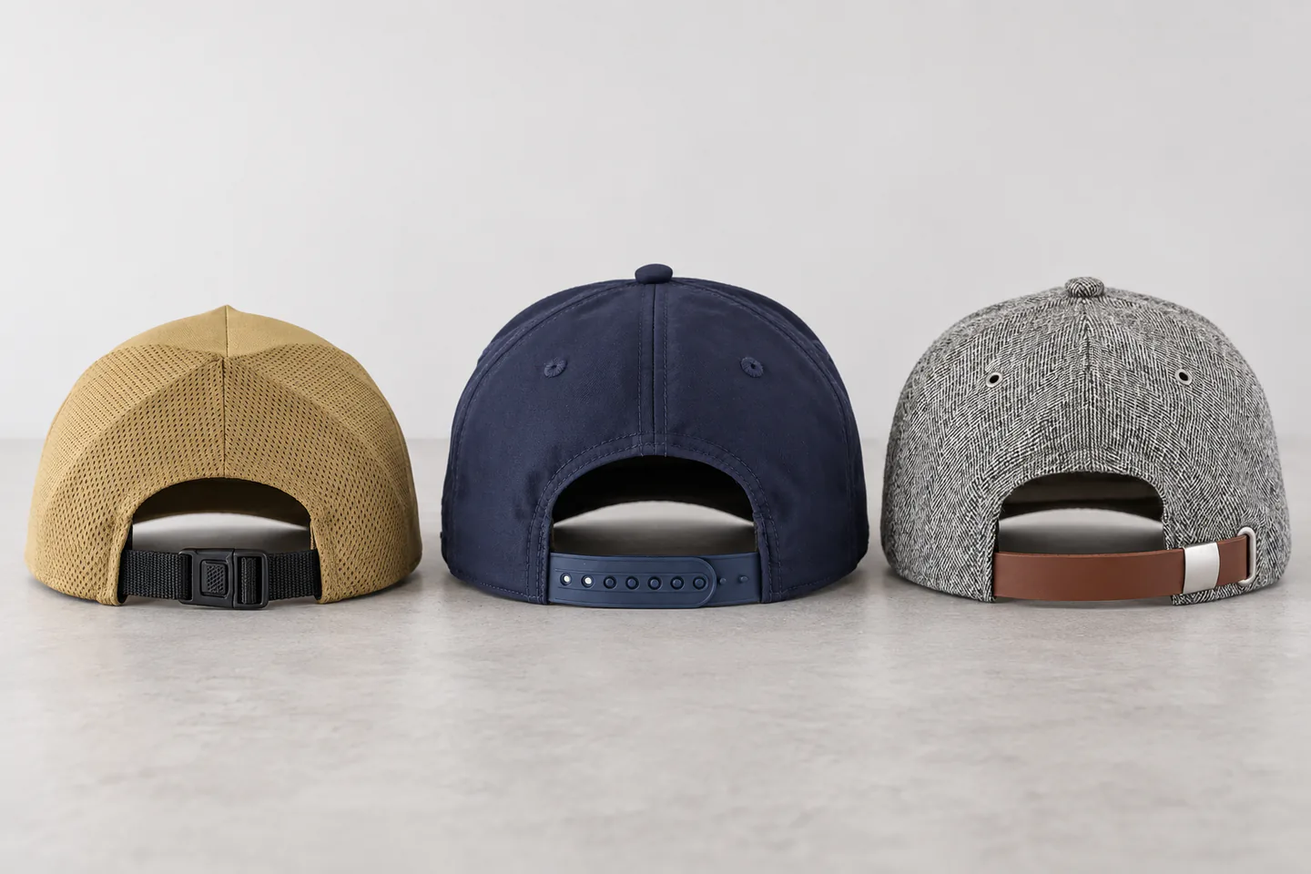 Rear views of three caps with clip buckle, snapback and leather strap closures.