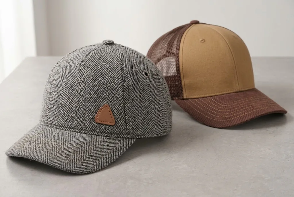 Two custom cap samples showing herringbone fabric, a blank leather patch, mesh panels and contrast brim stitching.