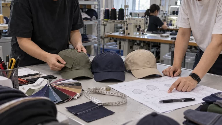 Two cap development specialists reviewing blank cap samples, fabric swatches and an RFQ specification in a factory sample room.