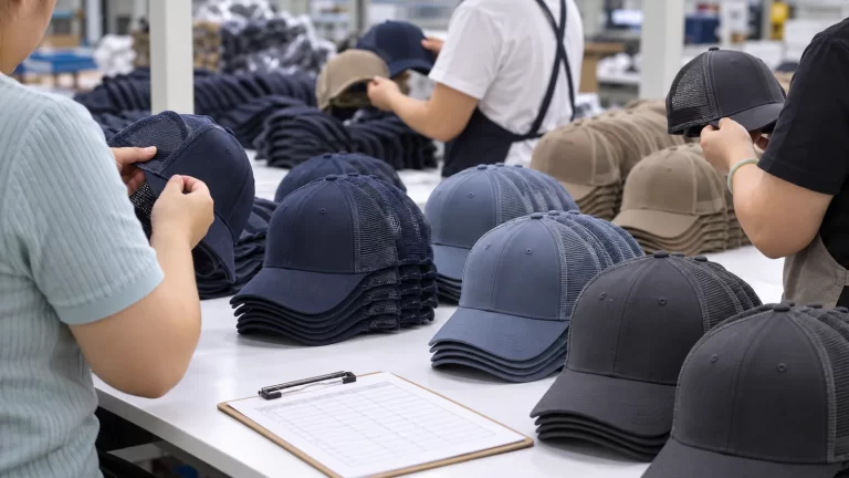 Quality inspectors checking batches of unbranded trucker caps at a factory inspection table.