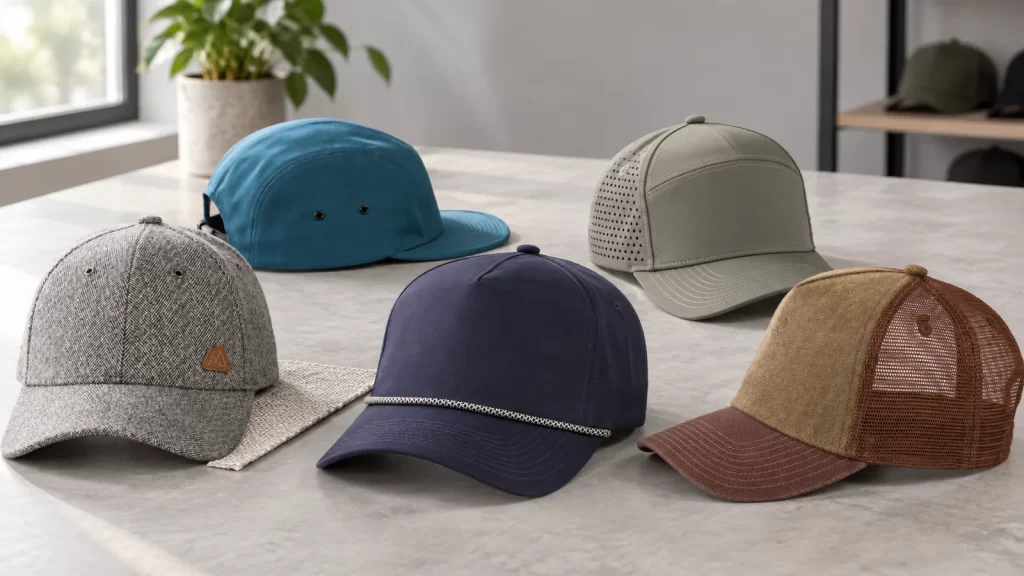 A buyer comparing outdoor, trucker, golf rope and textured custom cap samples for a 2026 headwear range.