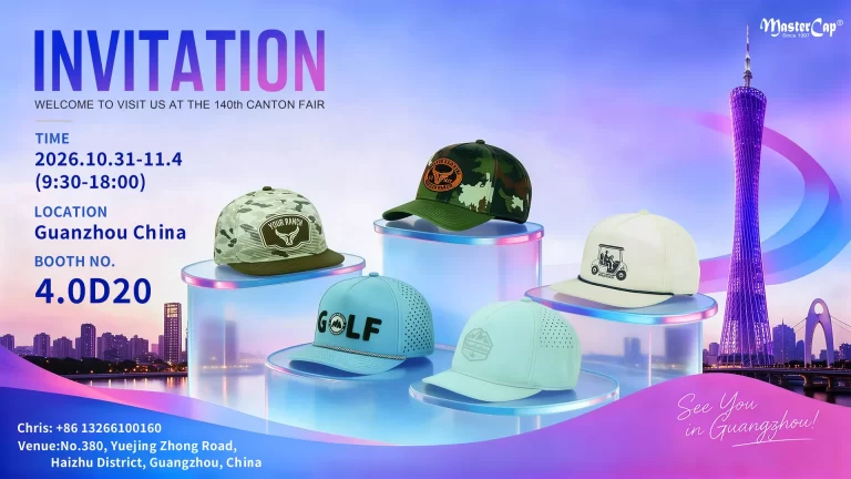 MasterCap invitation to the 140th Canton Fair showing Booth 4.0D20, event dates and five custom cap samples against the Guangzhou skyline.