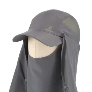 Grey outdoor cap with detachable neck flap and face cover.