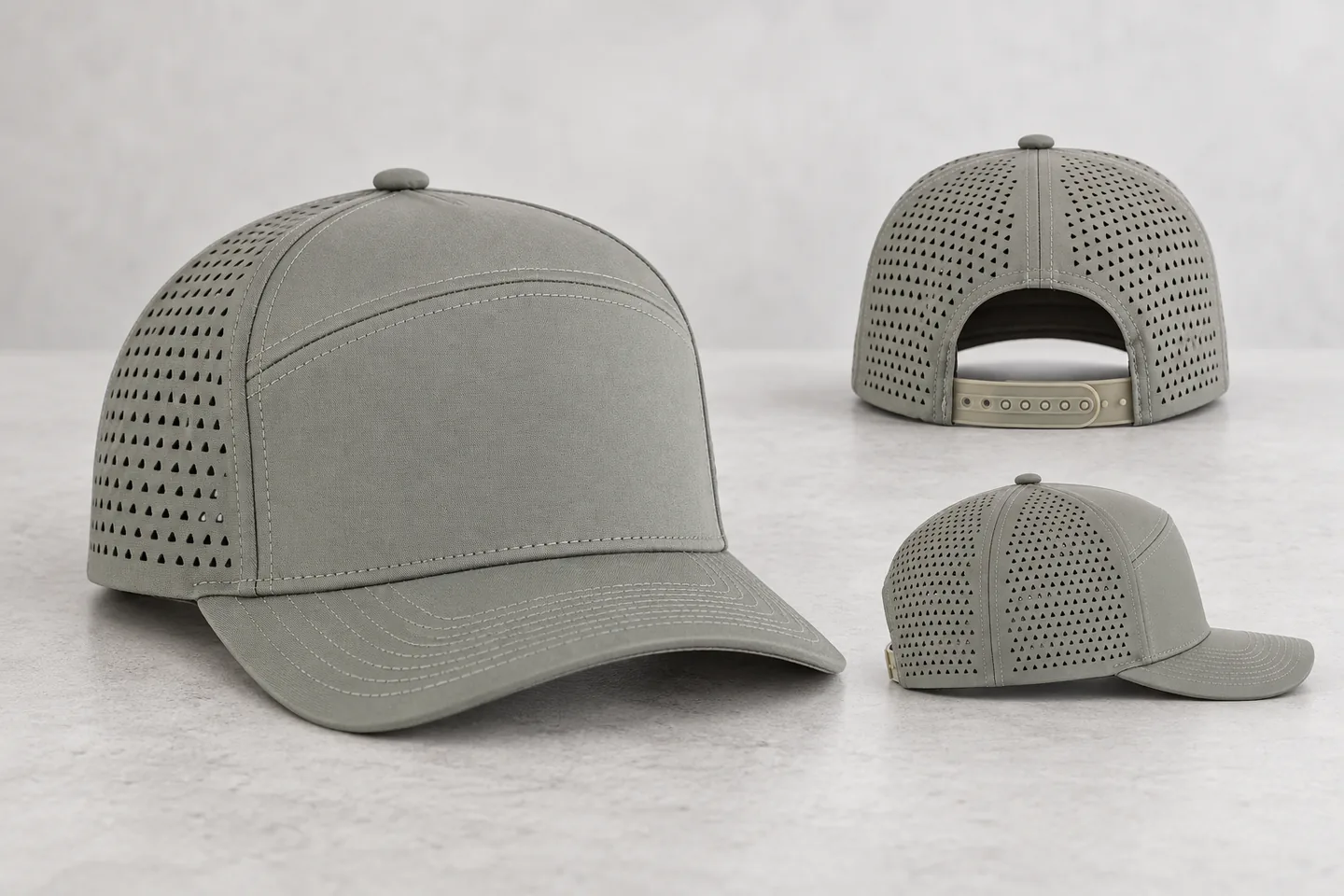 Grey five-panel cap shown from front, rear and side to compare perforated panels, curved visor and adjustable closure.