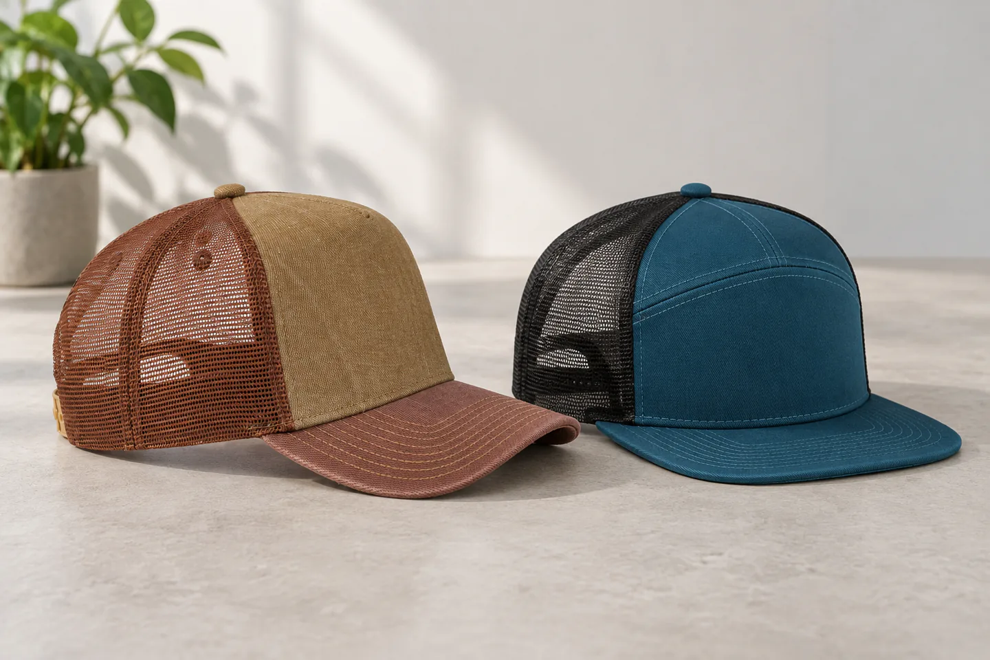 Two blank trucker caps with curved and flat visors, contrasting mesh backs and different crown profiles.