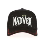 Black structured 5-panel curved visor cap with 3D front embroidery and rhinestones, front view