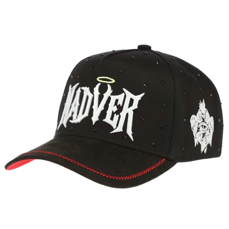 Front-angle view of black cotton-twill cap with faux-suede visor and red contrast stitching