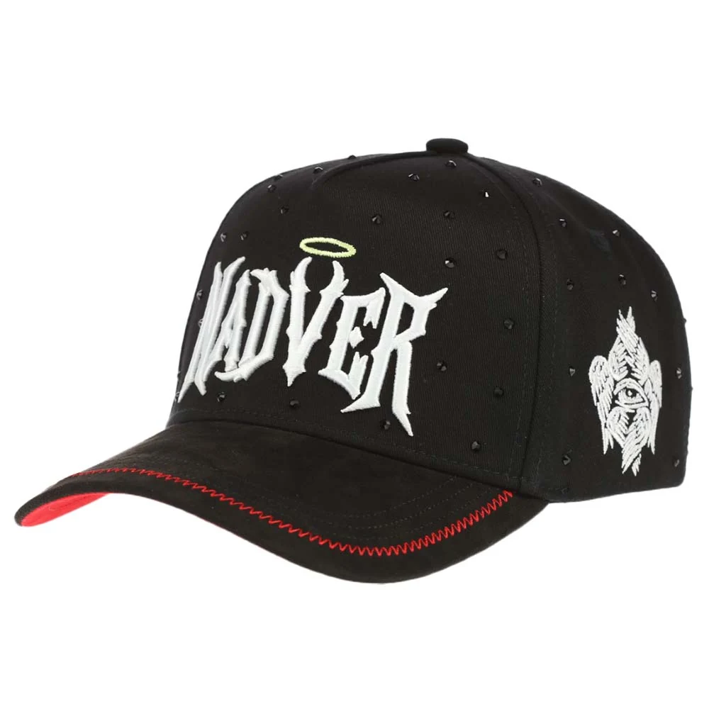 Front-angle view of black cotton-twill cap with faux-suede visor and red contrast stitching